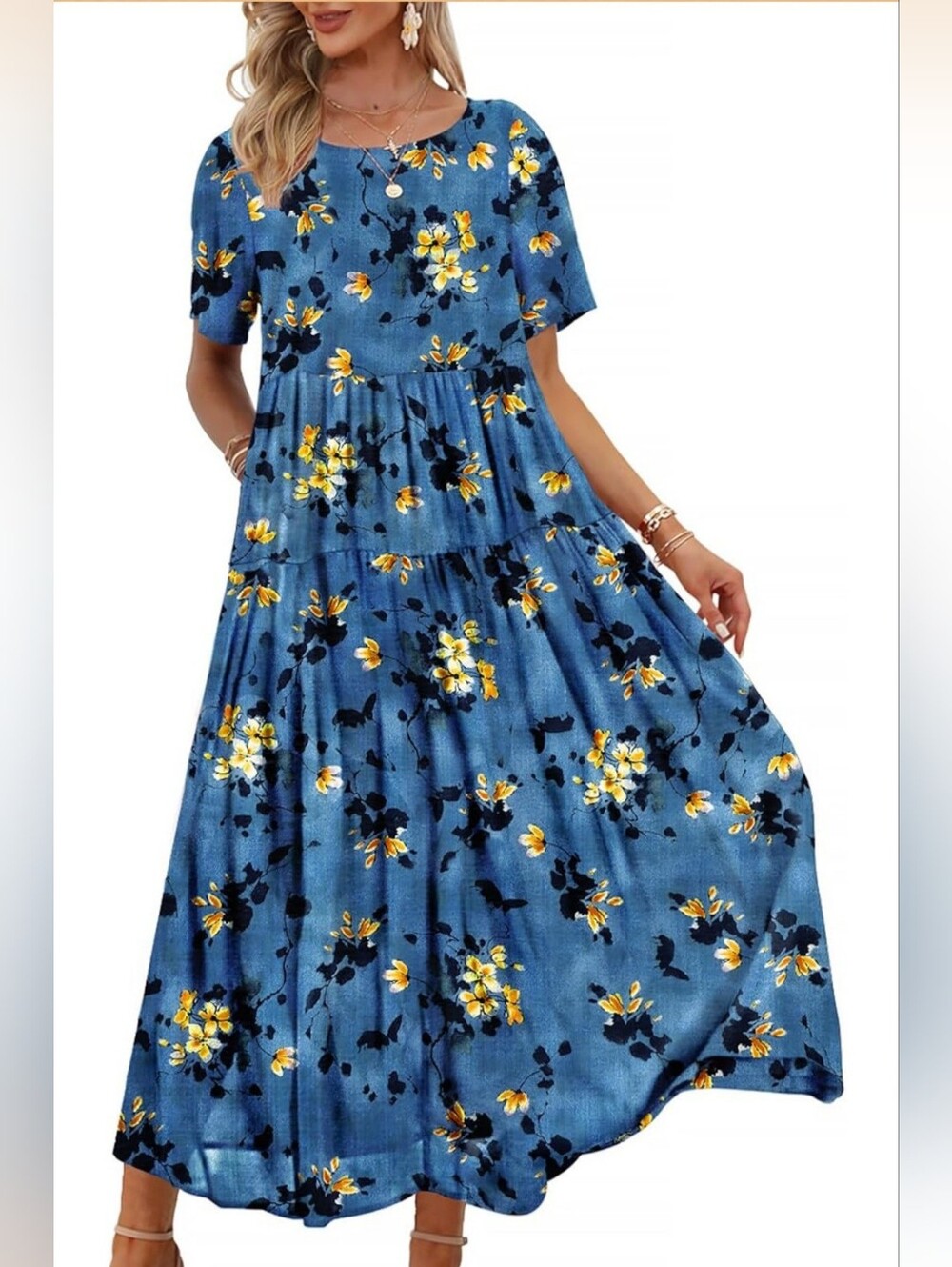Blue Floral Tiered Maxi Dress - Casual Transitional Style